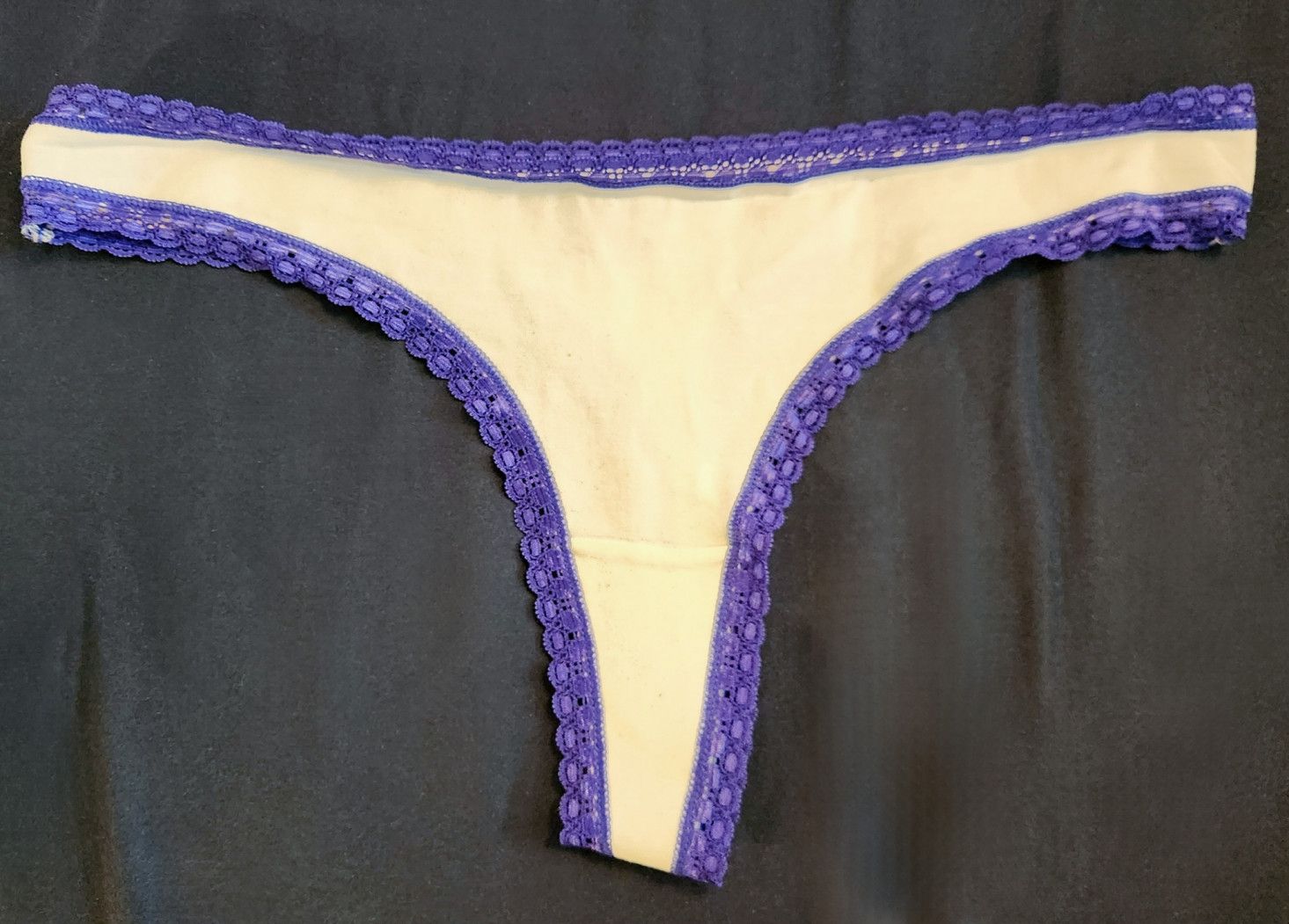 White Thong w Dark Blue Lace Trim