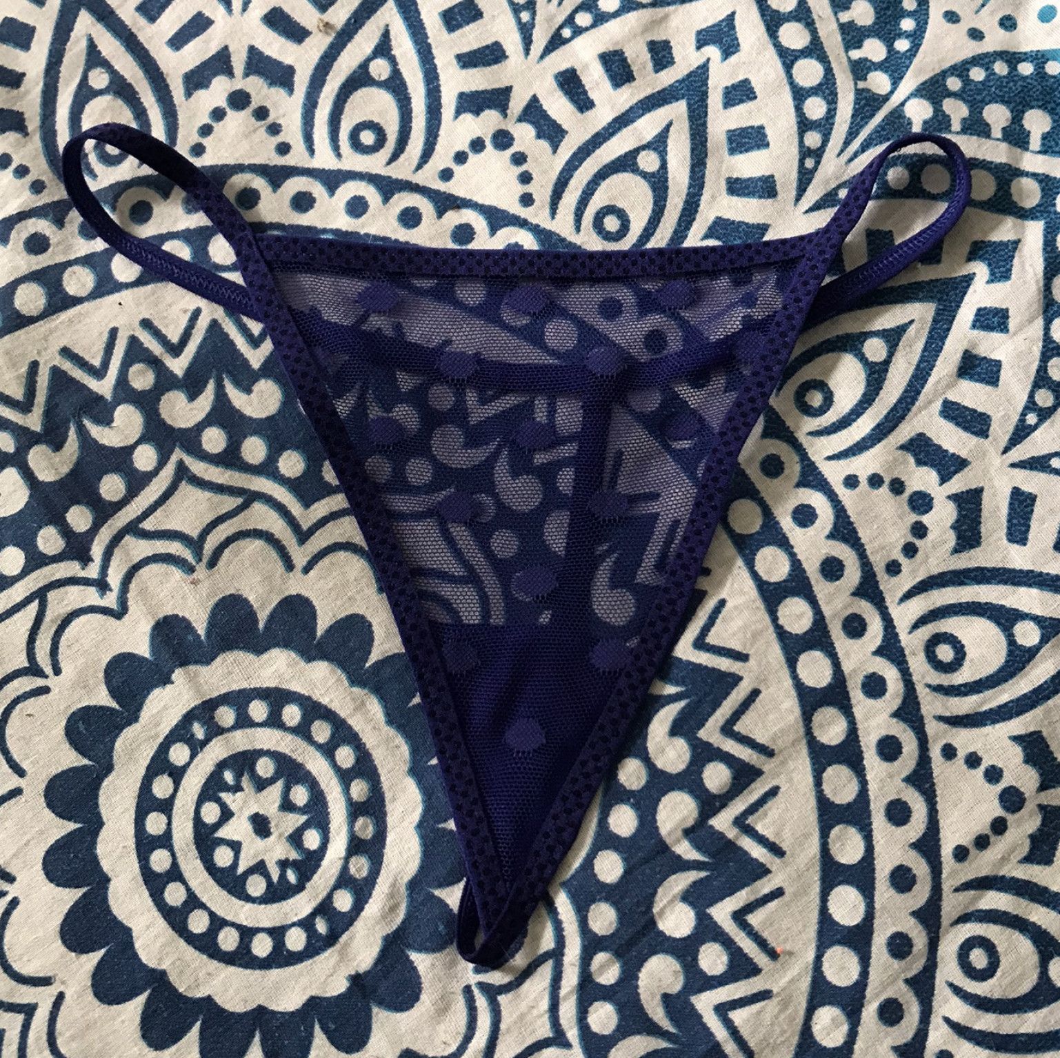 Blue mesh gstring with polka dot detail