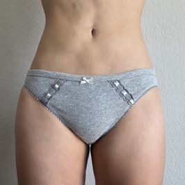 Grey Ribbed Ribbon Slotted Bikini Panty