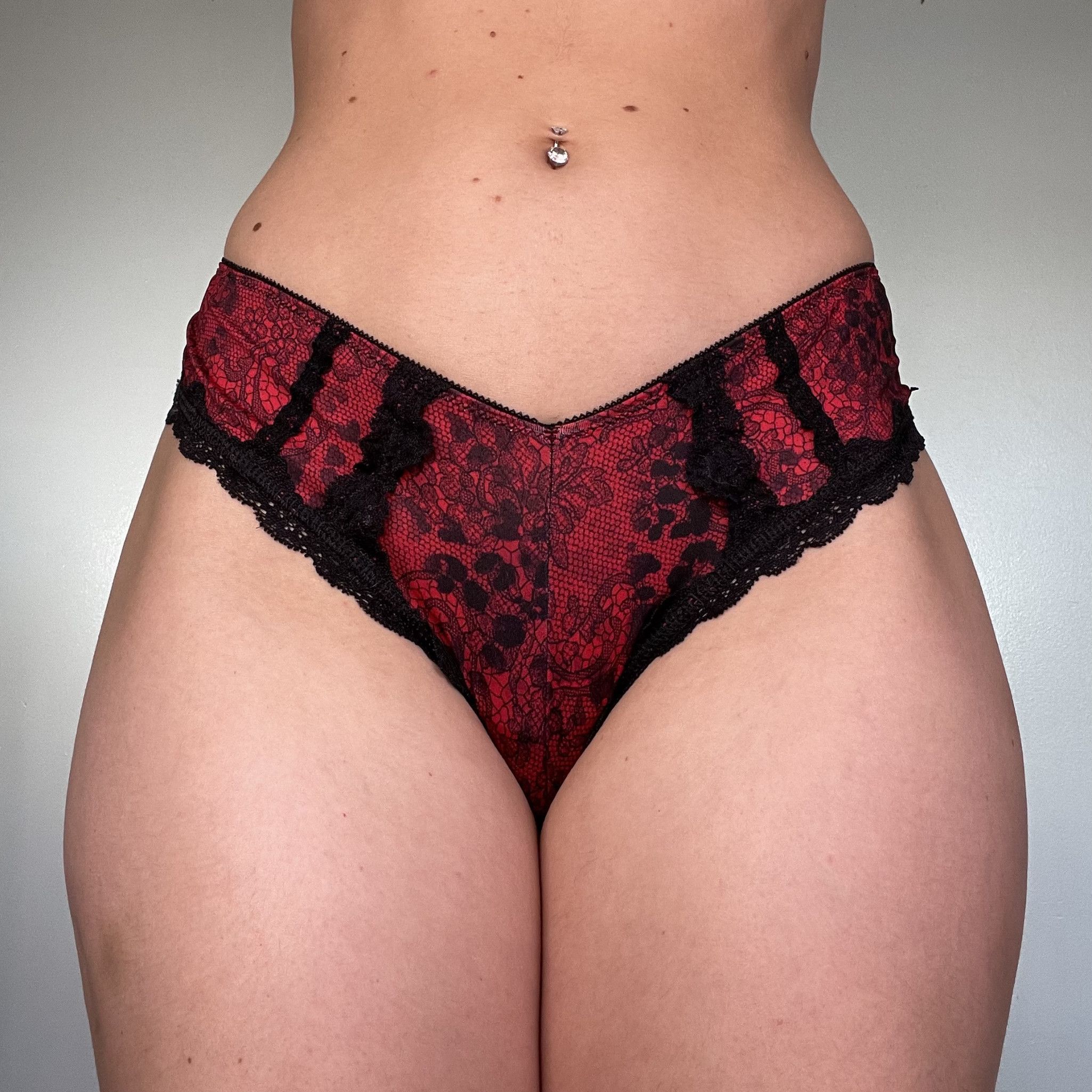 Red and Black Lace Print Polyester Hipster Thong