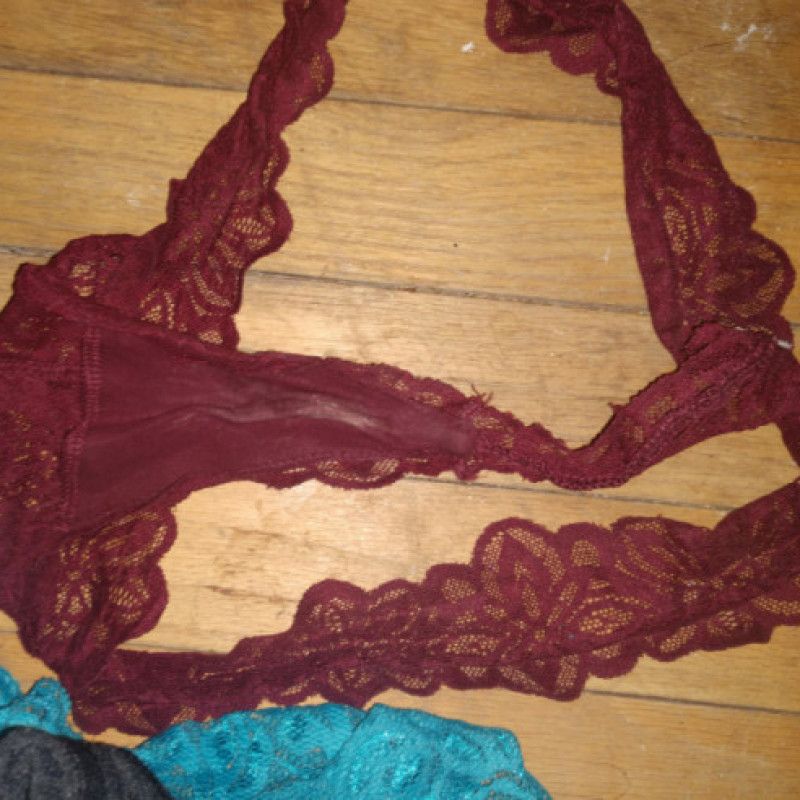 Worn cummed in lace thong maroon color