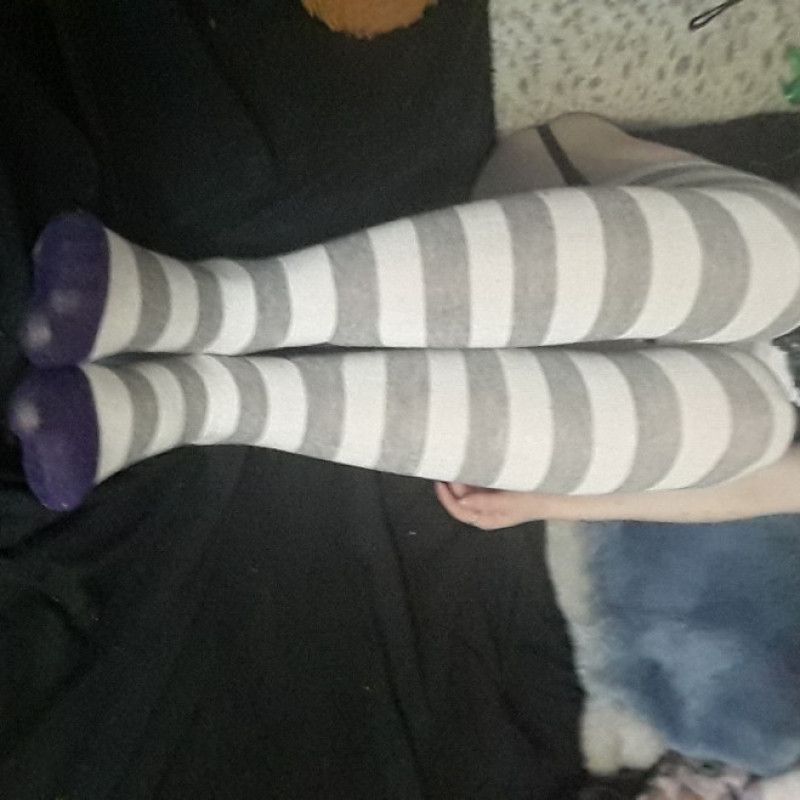 Grey White and Purple Striped Knee Highs