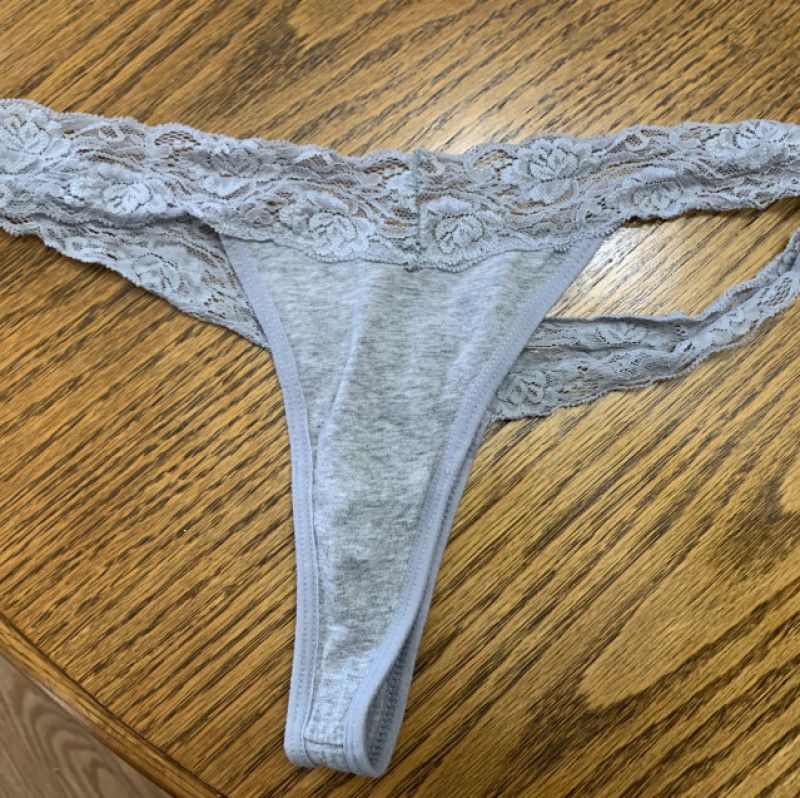 Grey cotton and lace thong