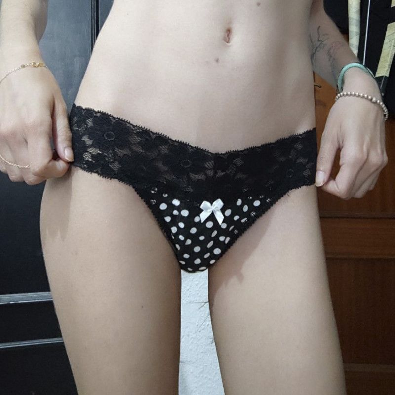 Worn thong white polka dots and lace