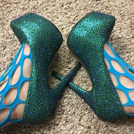 Blue mesh outfit with rhinestone heels!