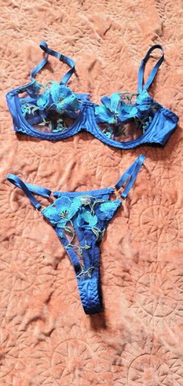 LG04 Royal Blue Floral Embroidered Bra and Thong Set