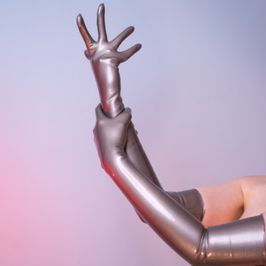 Grey long latex gloves