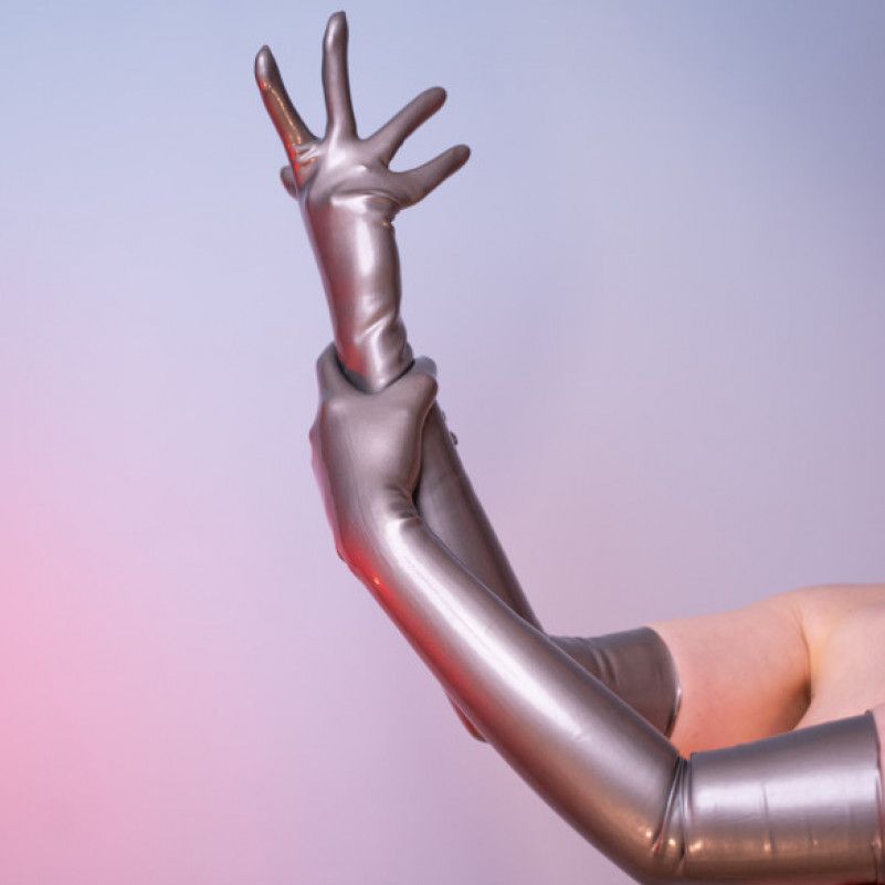 Grey long latex gloves