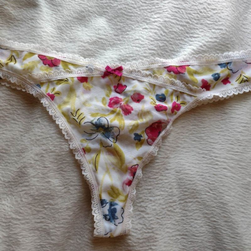 Floral Print Lace Trim Thong