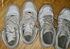 2 pairs of old worn white hi n low top AF1s