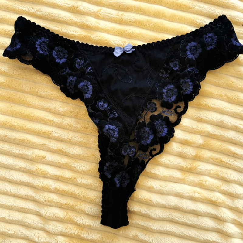 Black and blue lace and cotton thong