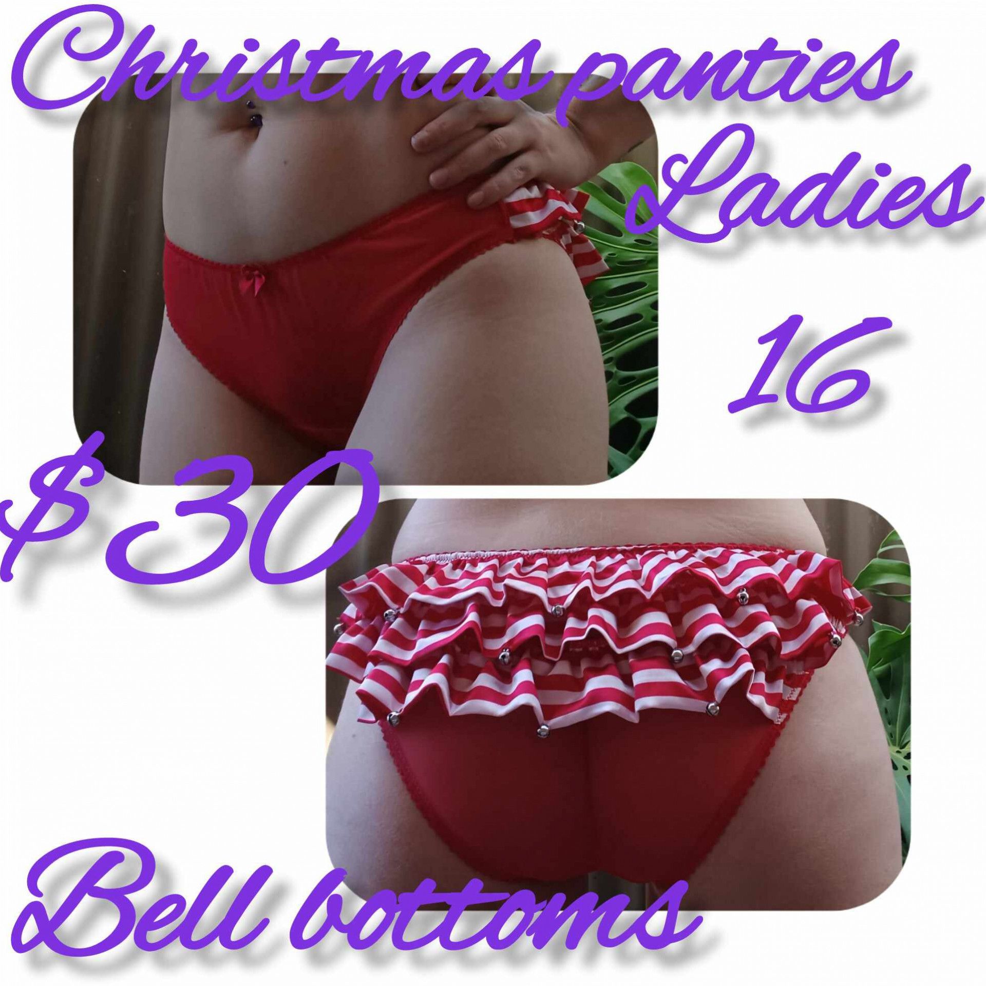 Christmas red white bell bottom panties that jingle size 16