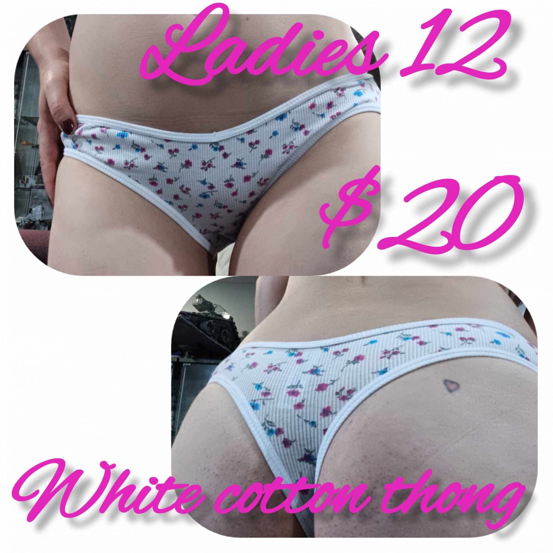 flowers and white cotton thong Sz 12