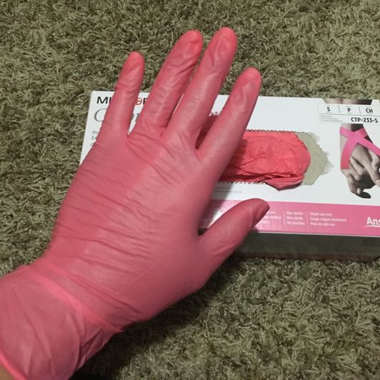 Pink latex gloves