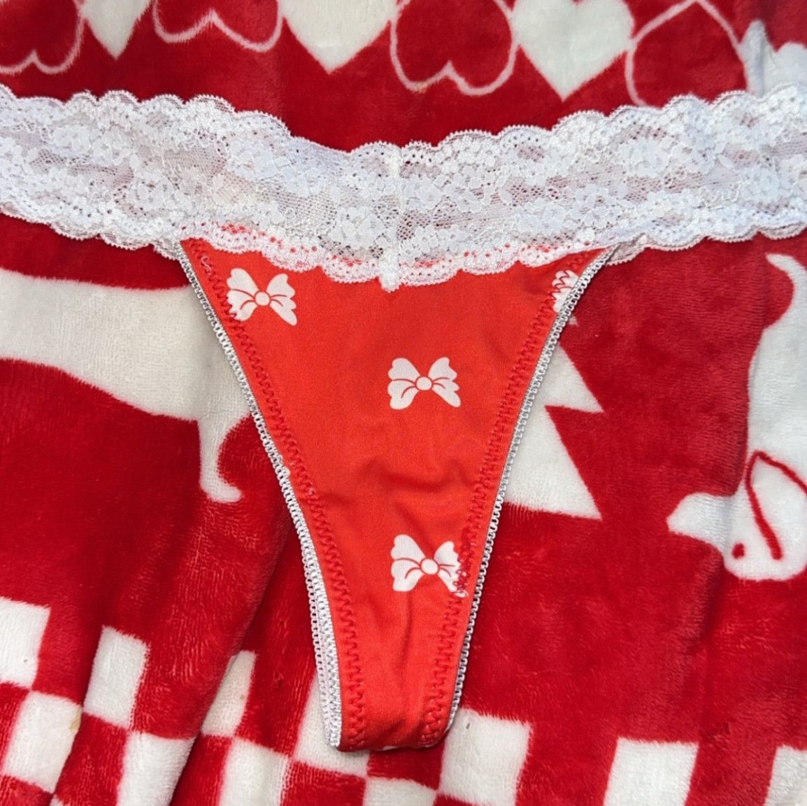 White Lace and Red Bow Thong Panty