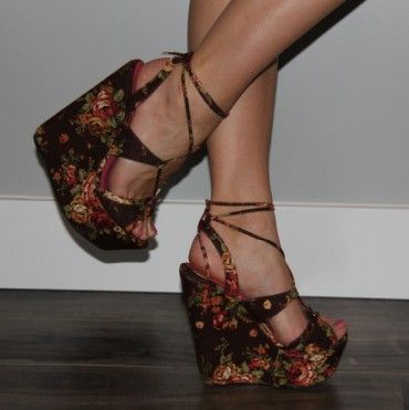 Floral Brown Denim HIGH Wedge Heels