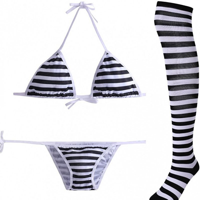 Black and White Bikini with Thigh Highs