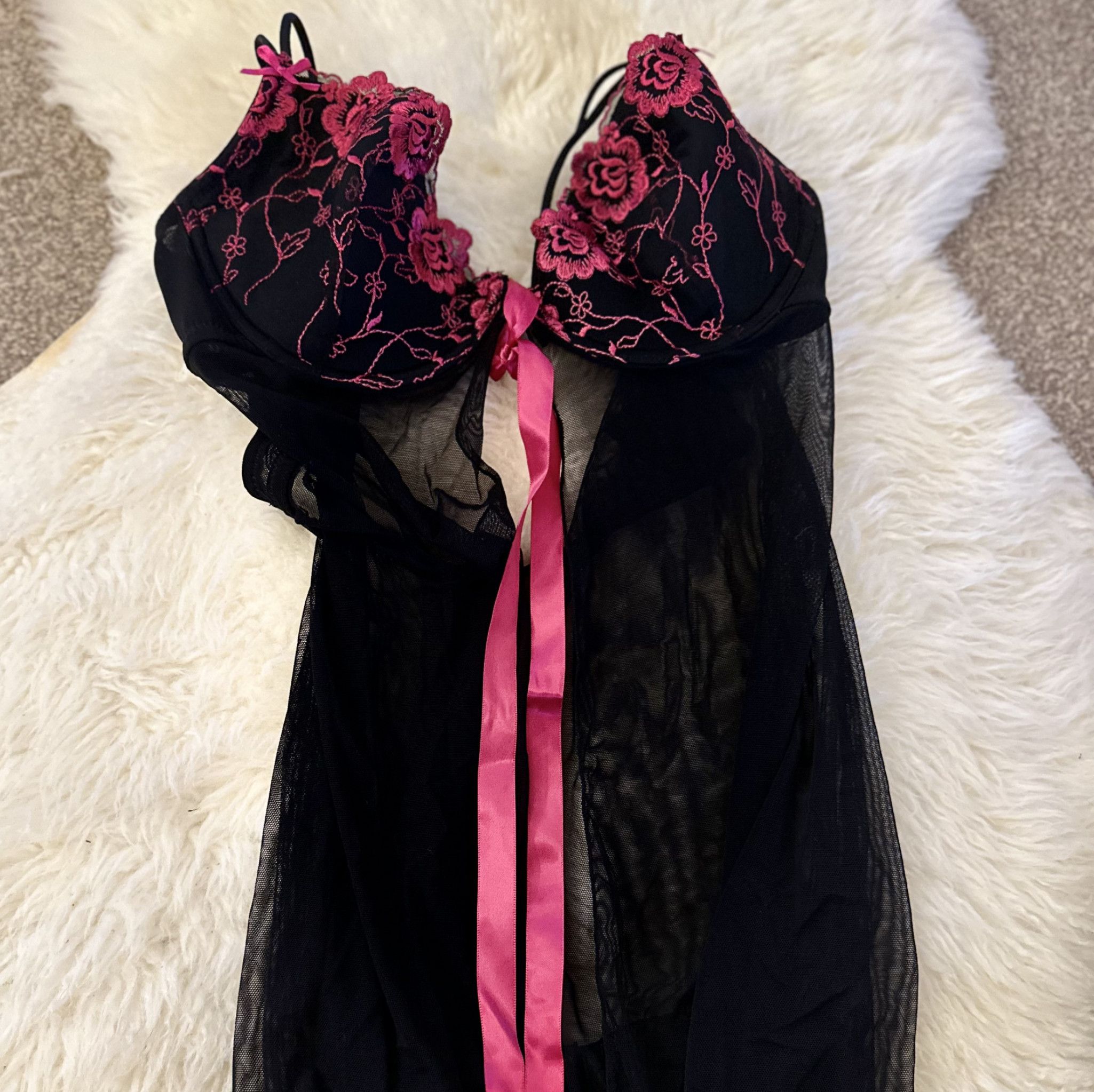 Black sheer night dress with pink lace and trim