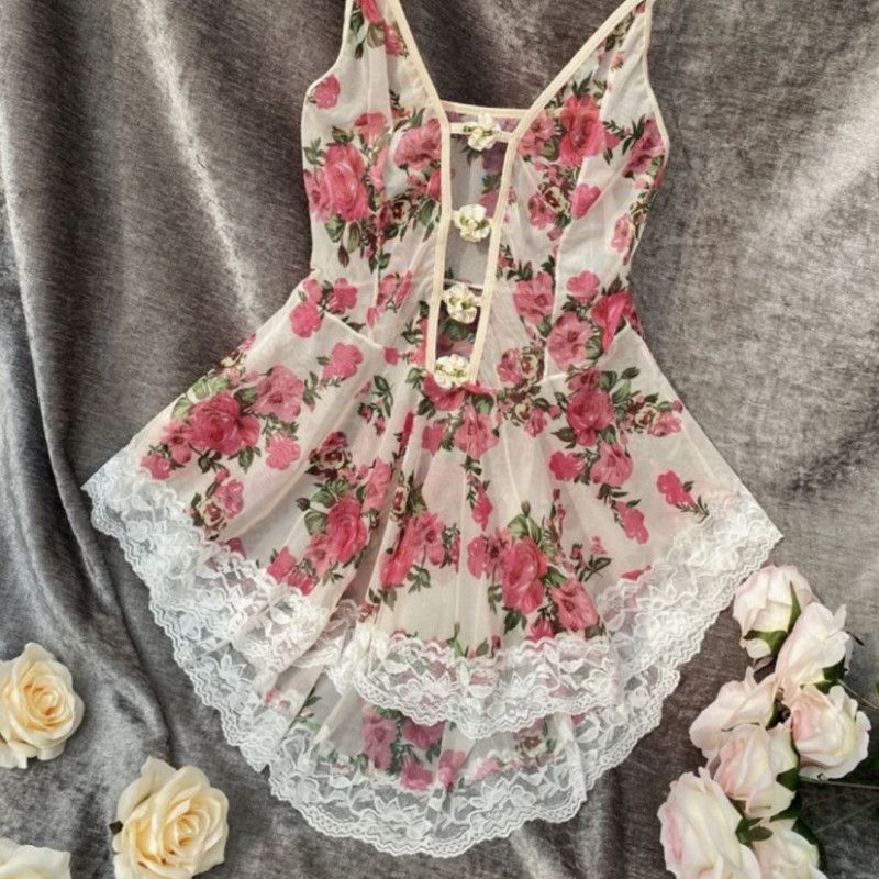 Lace Stereo Flower High Low Mesh Nightdress