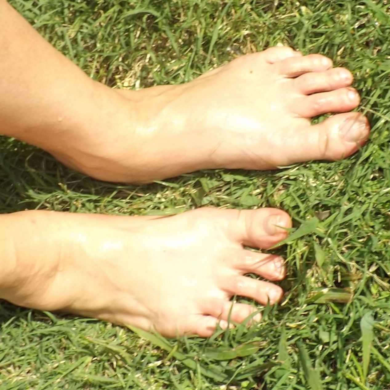 Feet in tub of water and in grass