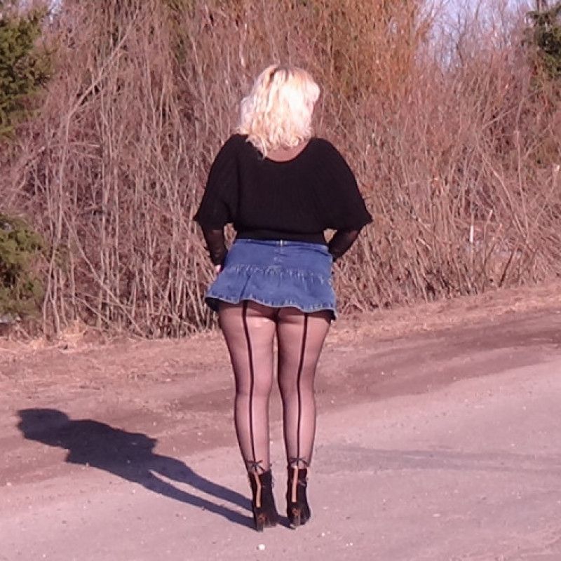 Jeans skirt and black pantyhose