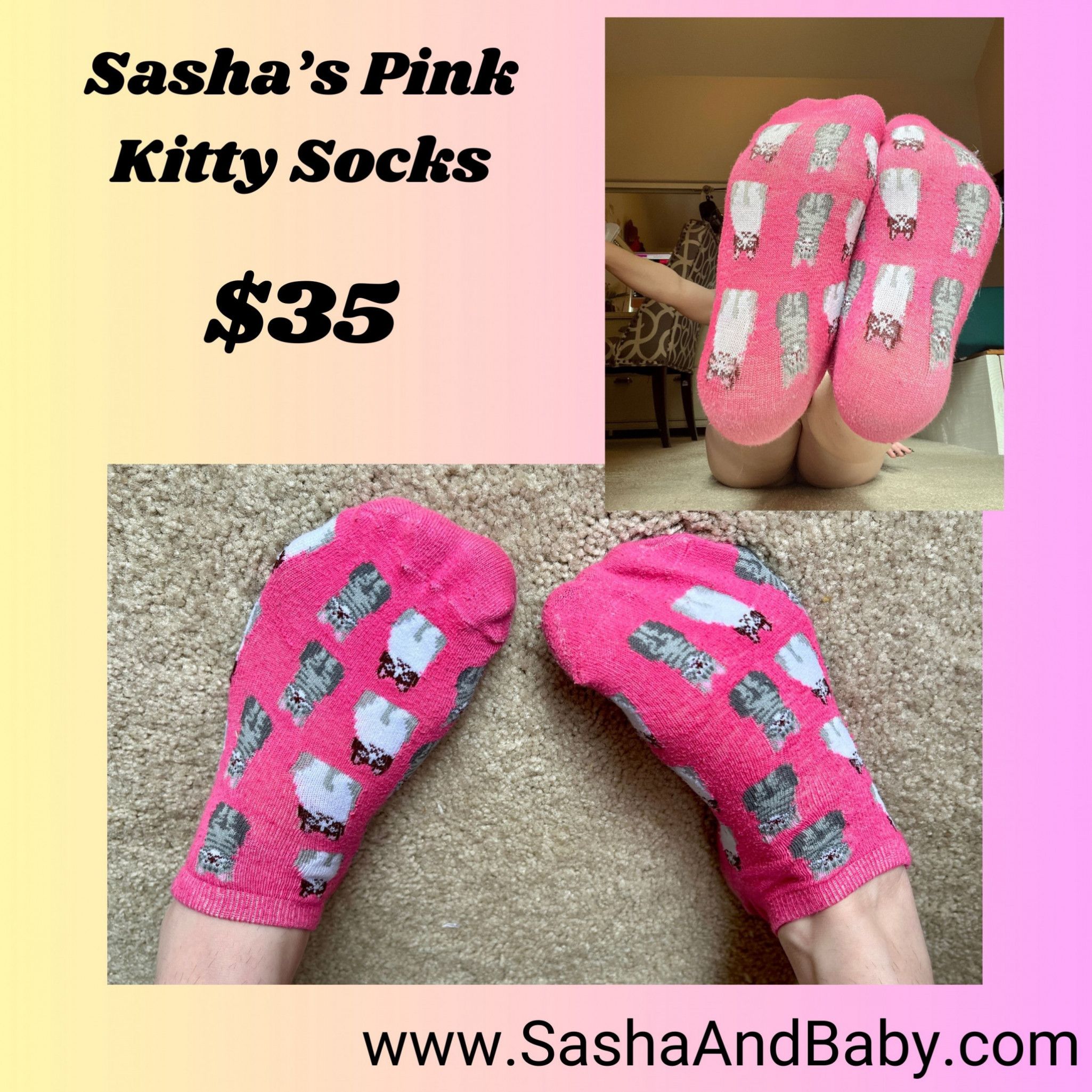 Pink Cotton Ankle Socks with Kitty Pattern