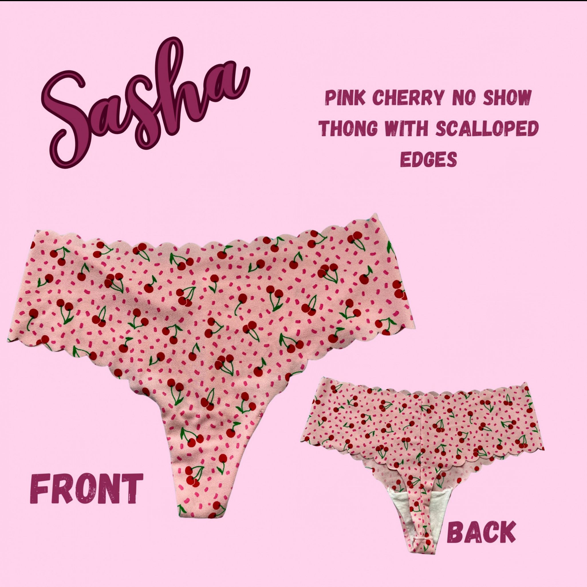 Pink Cherries No Show Thong with Scalloped Edges Sasha