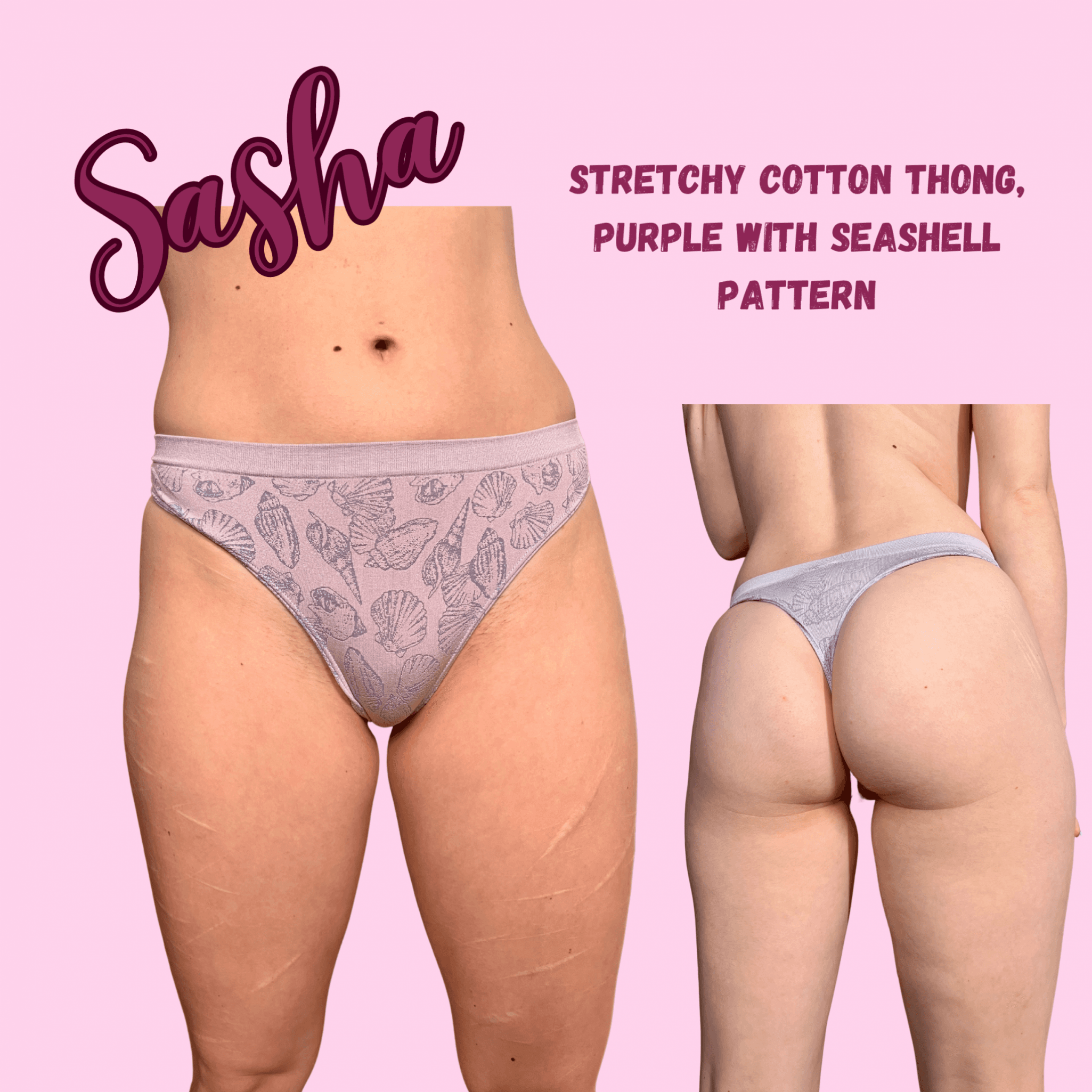 Stretchy Purple Cotton Thong with Seashell Pattern