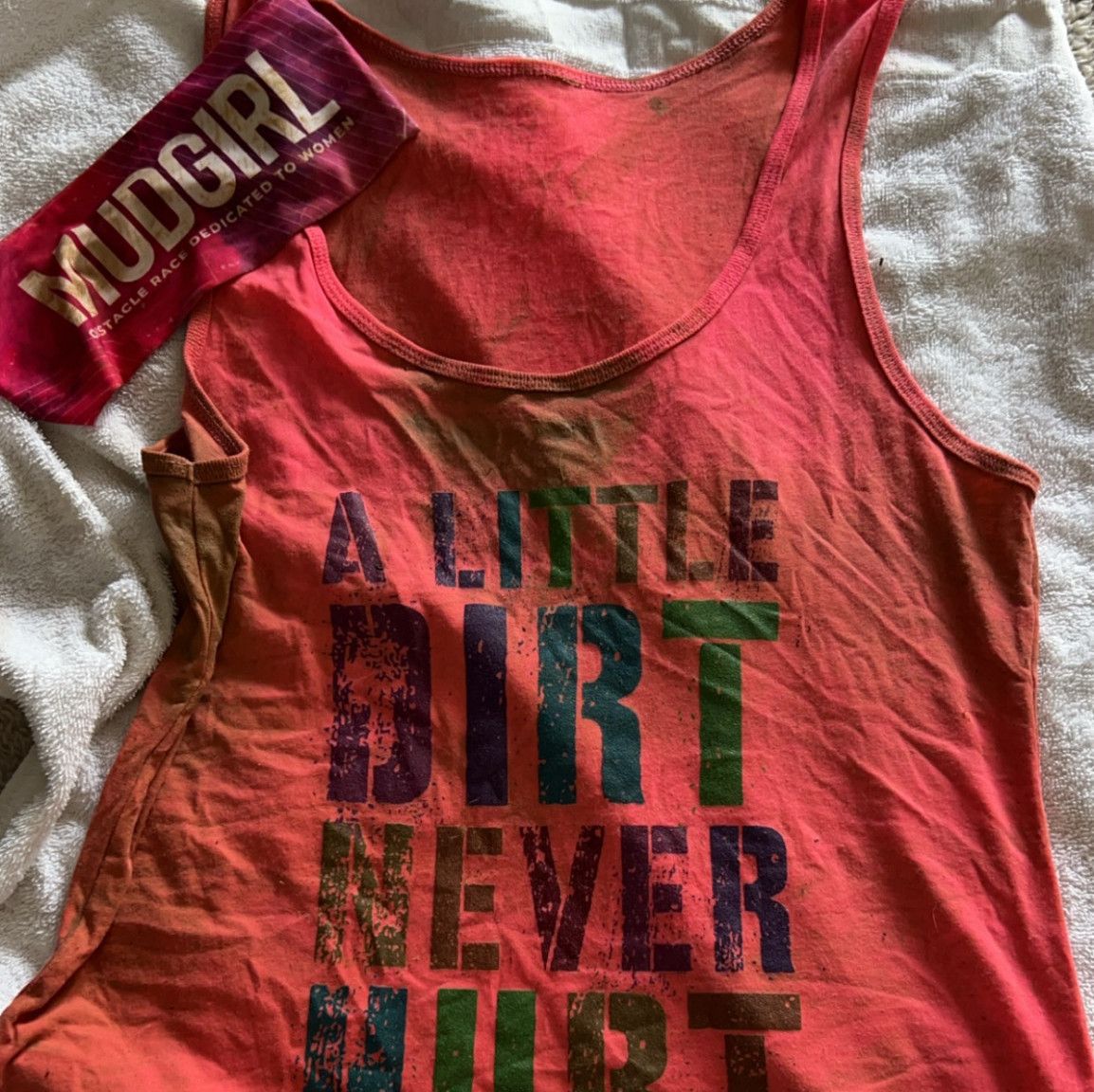 Used PINK tank top Little Dirt Worn in MUDGIRL run Dirty