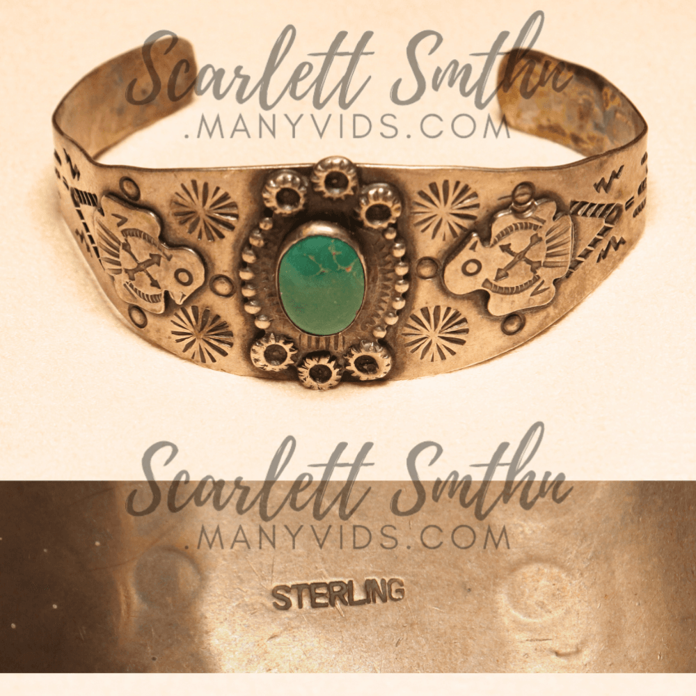 Silver Bracelet with green stone and carvings