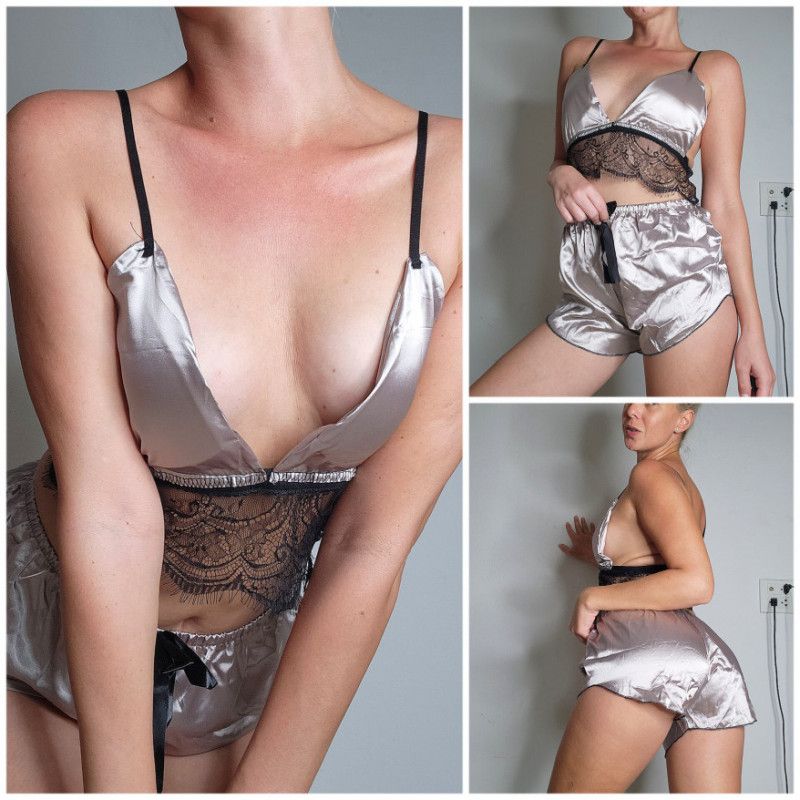 Shiny Silver Colored Silky Nightie Set