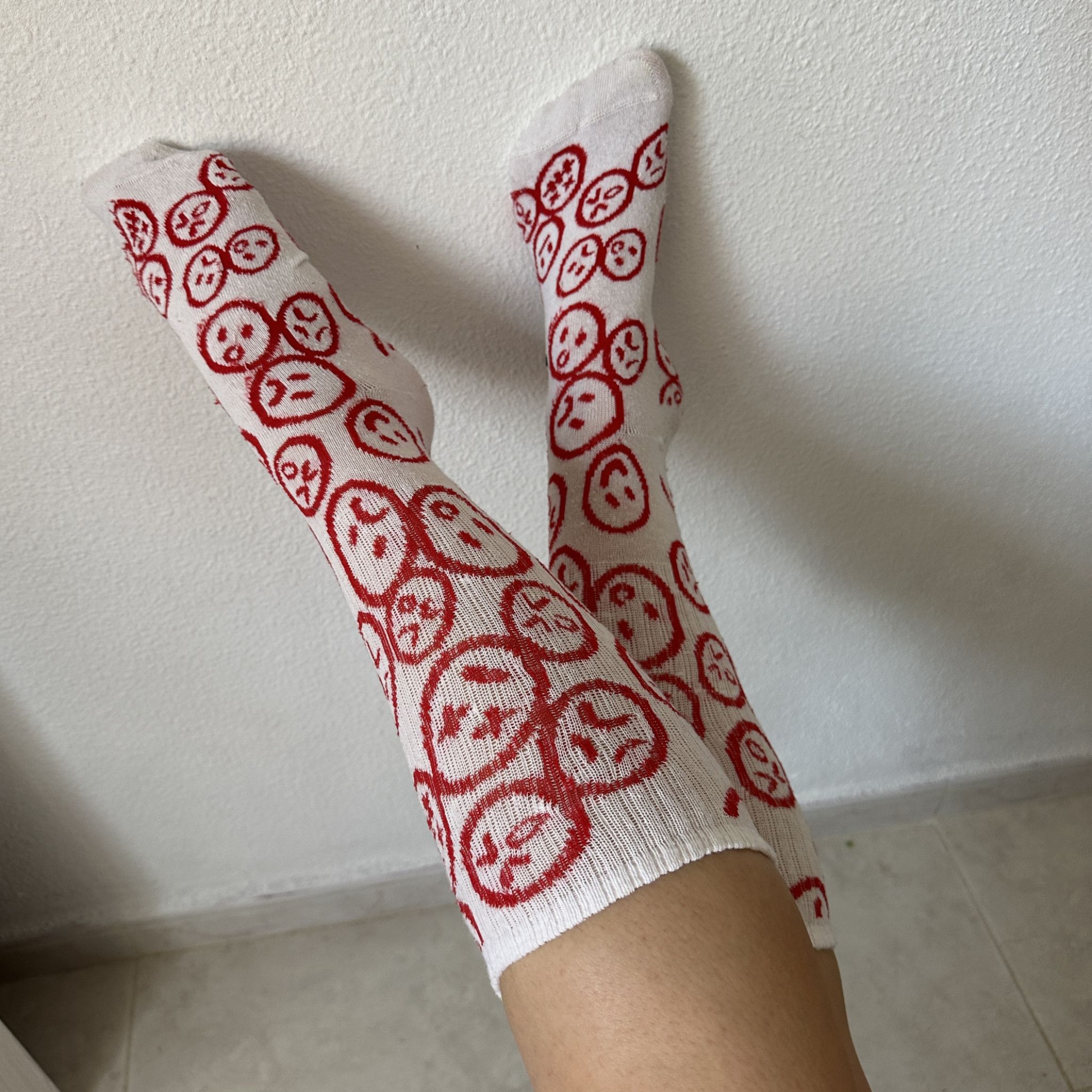 Bratty White Ankle Socks With Red Emoji Prints