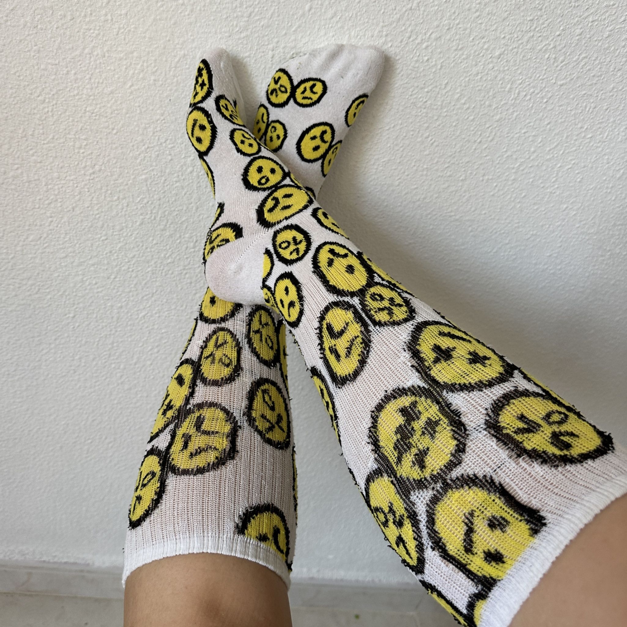 Bratty White Ankle Socks With Yellow Emoji Prints