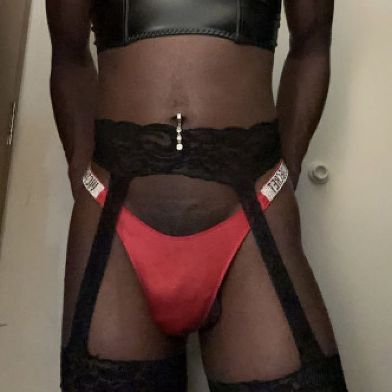 Red VS satin panties and lingerie belt