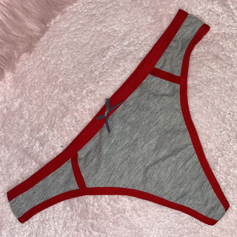 Worn Red and Gray Thong Panties