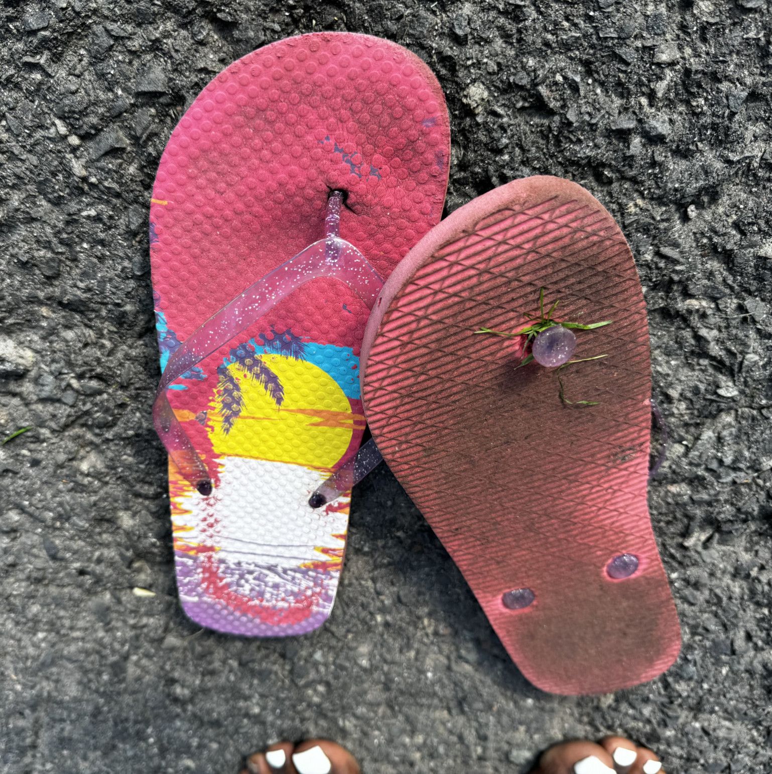 Dirty Worn Flip Flops With Foot Prints