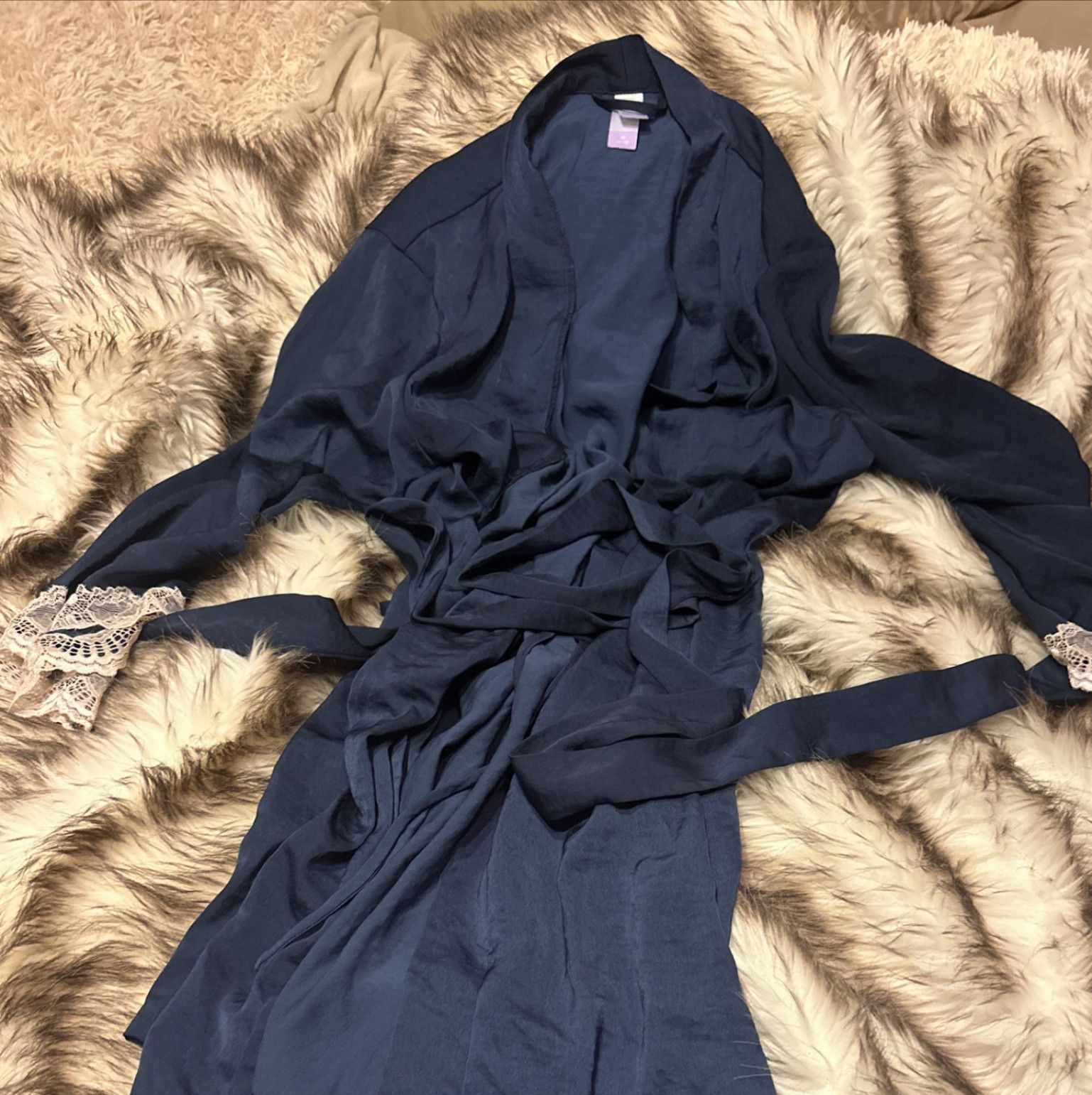 Silky Robe Luxurious Small Medium Navy Blue Lace