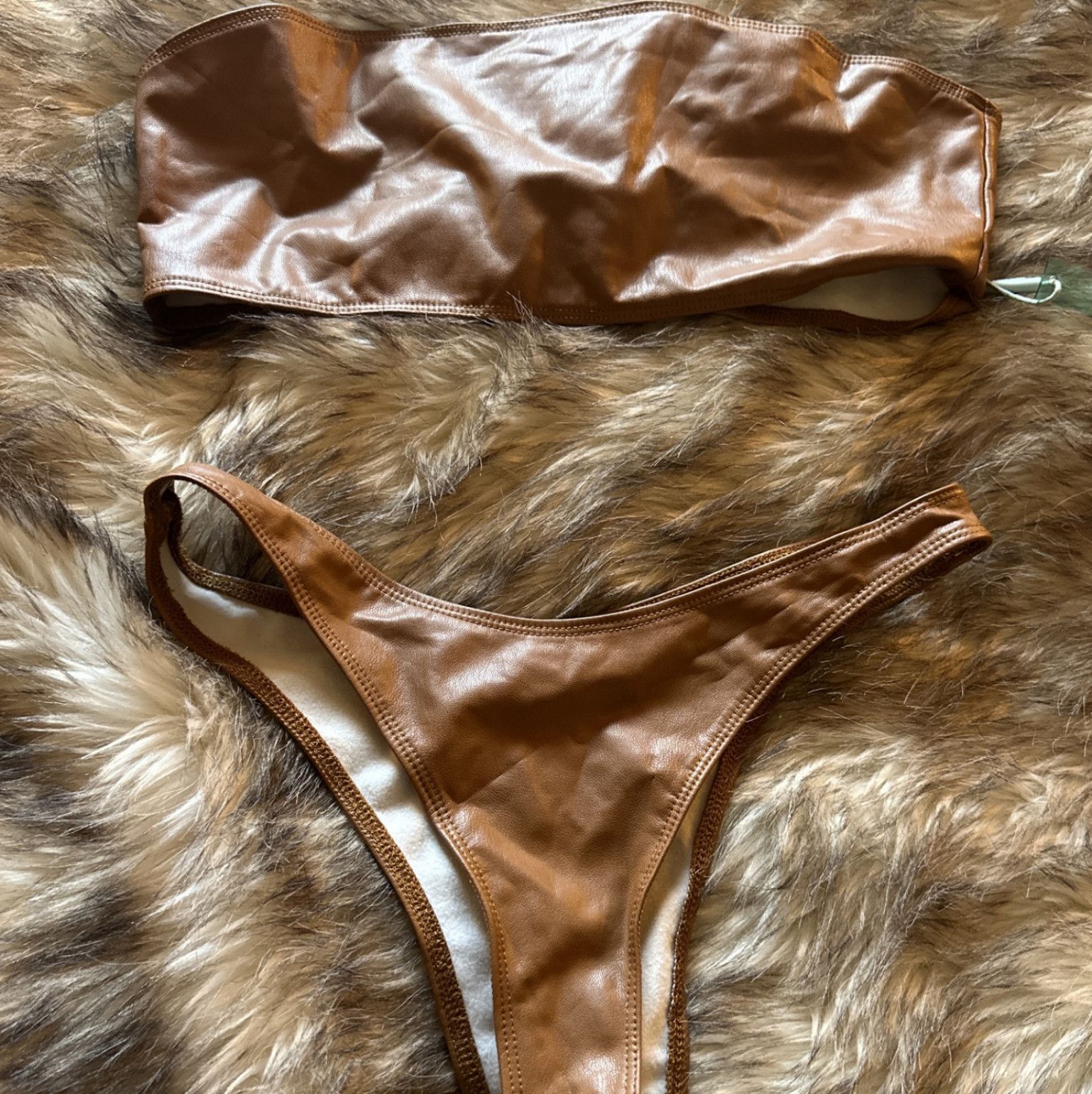 Bikini Strapless Medium Tan Faux Leather Sexy