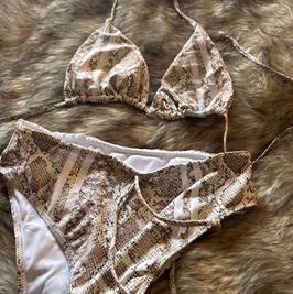 Womens White  Tan Snake Print 2 Pc Sexy Bikini Set Swimwear