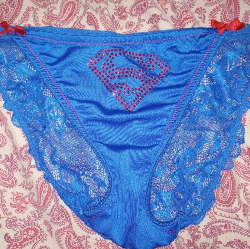 Worn blue lace superman panties