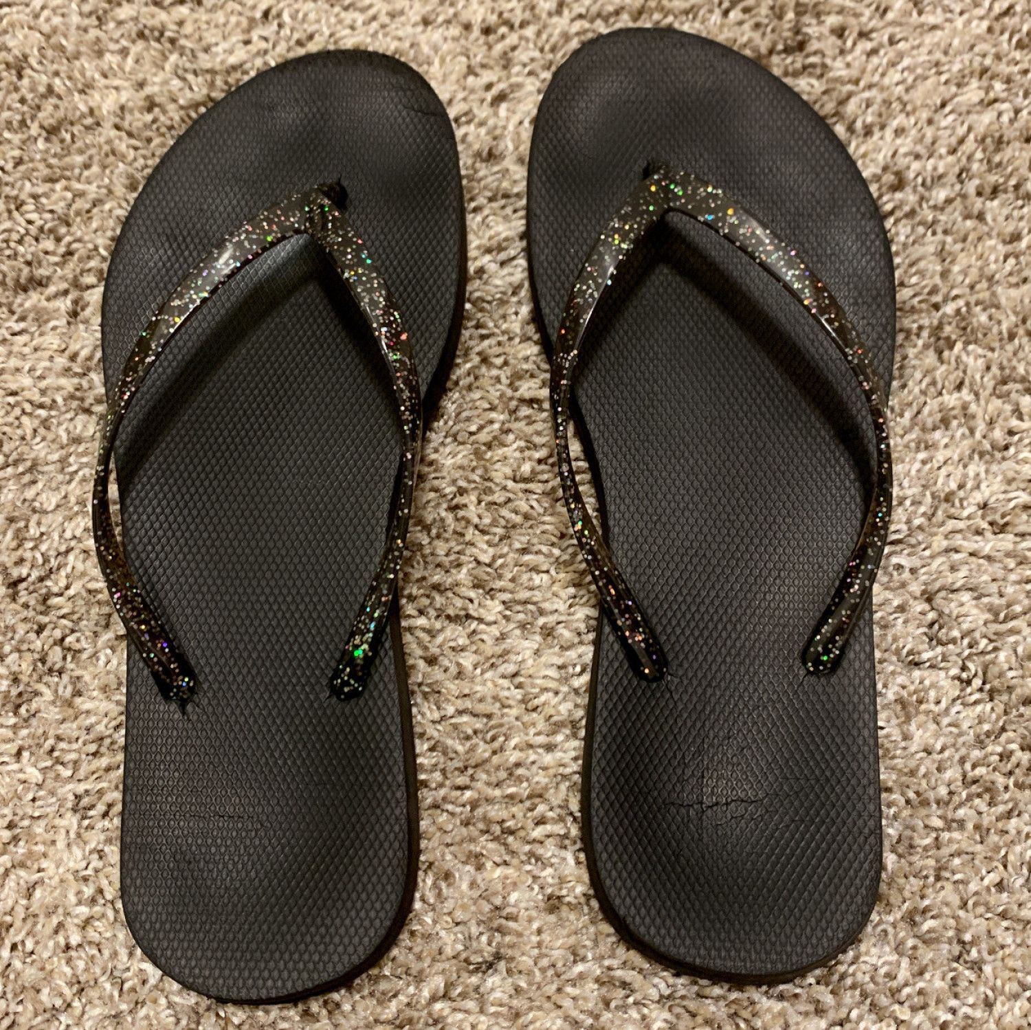 Black flip flops with sparkle straps