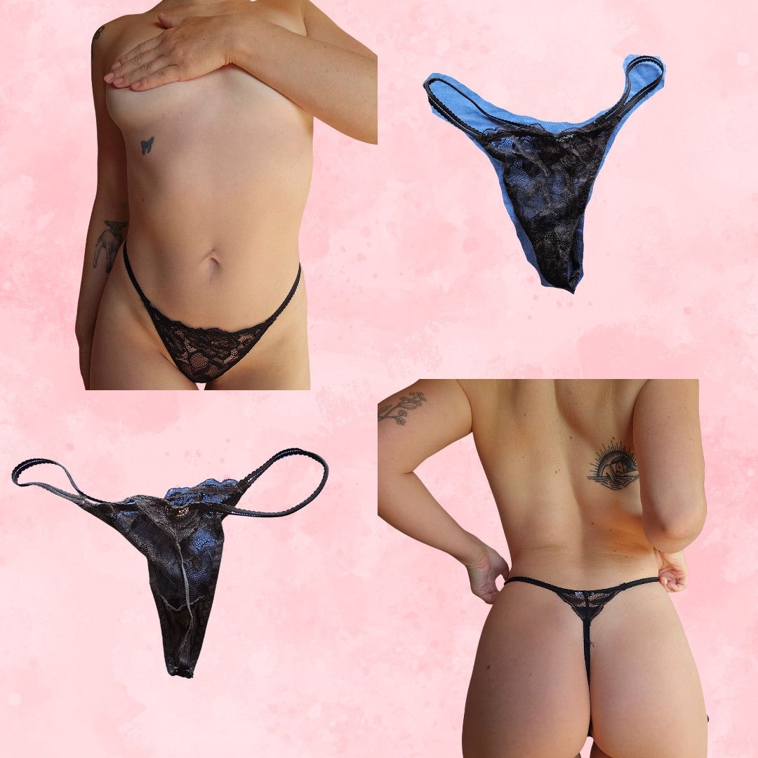 Worn black lace gstring