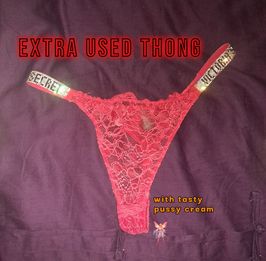 Extra Worn Red Thong Panty w pregnant pussy cream