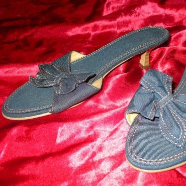 Denim Kitten Heel Mules