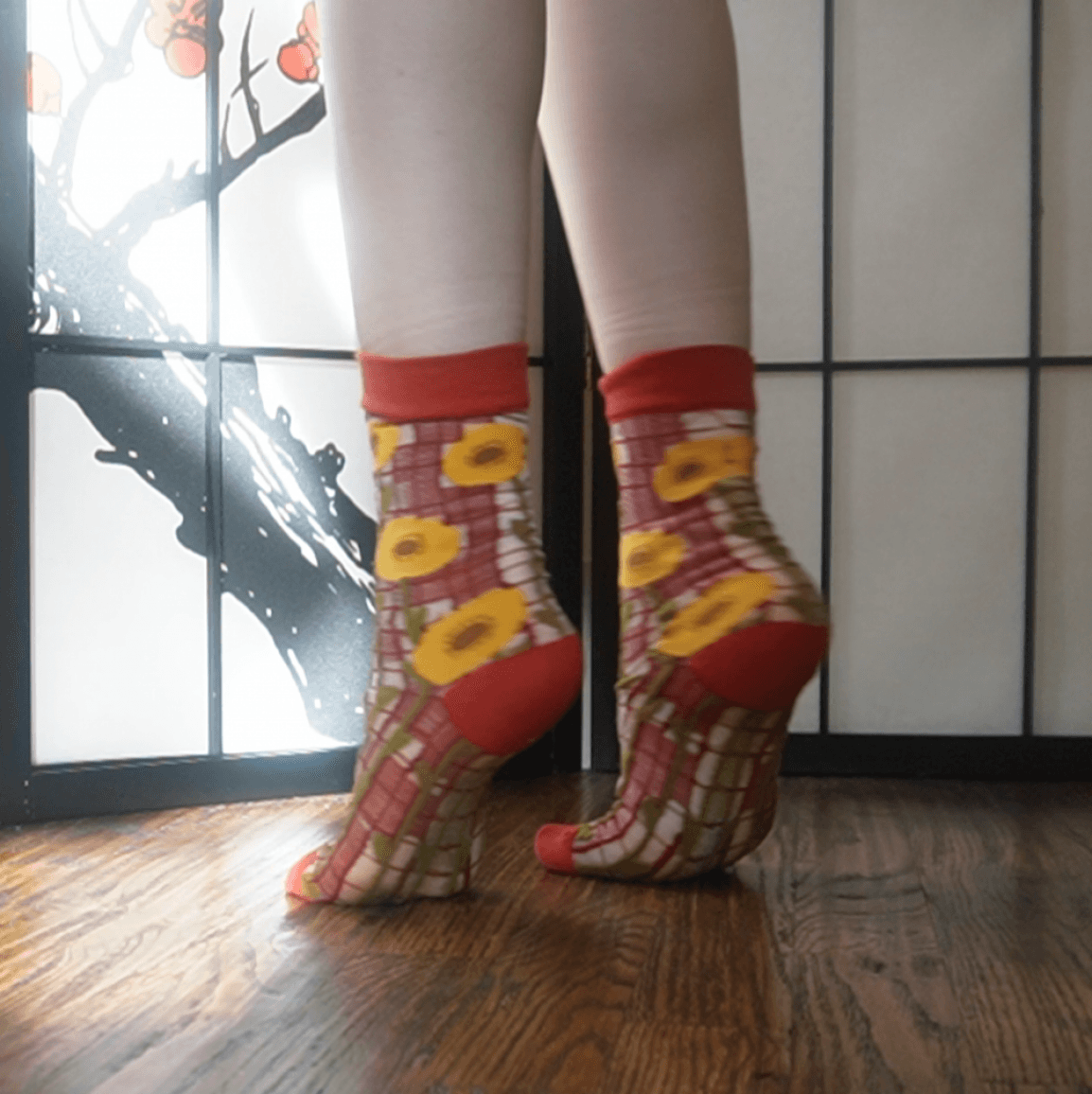 Red Yellow Flowers See Thru Crew Cut Socks