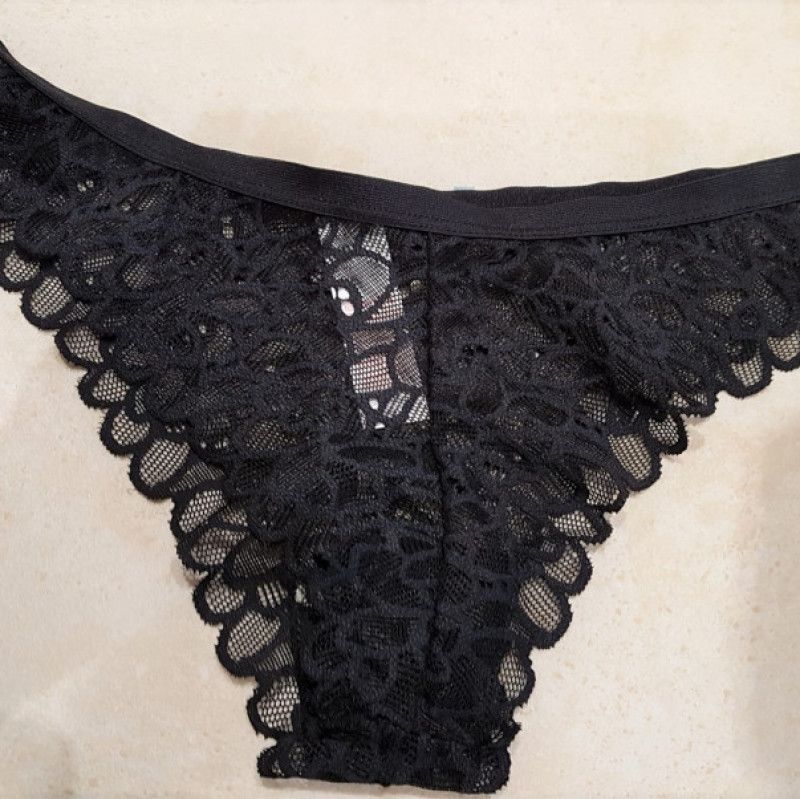 My worn Wet Cummy Lace Black Thong