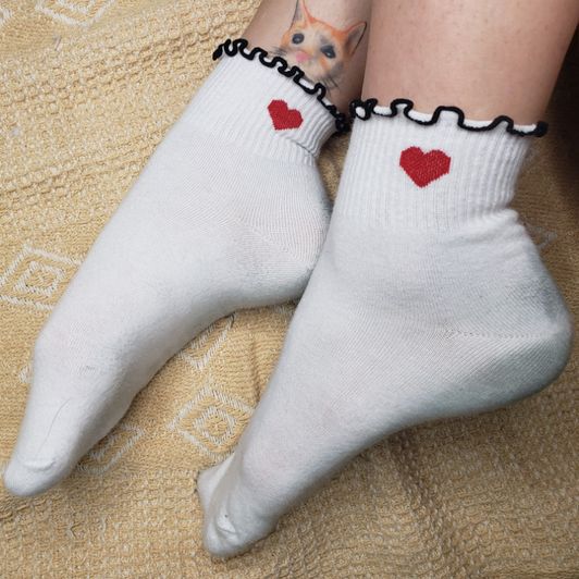 Used White Heart Valentines Socks