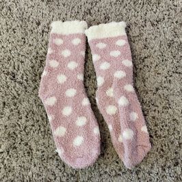 Pink fuzzy poka dot socks