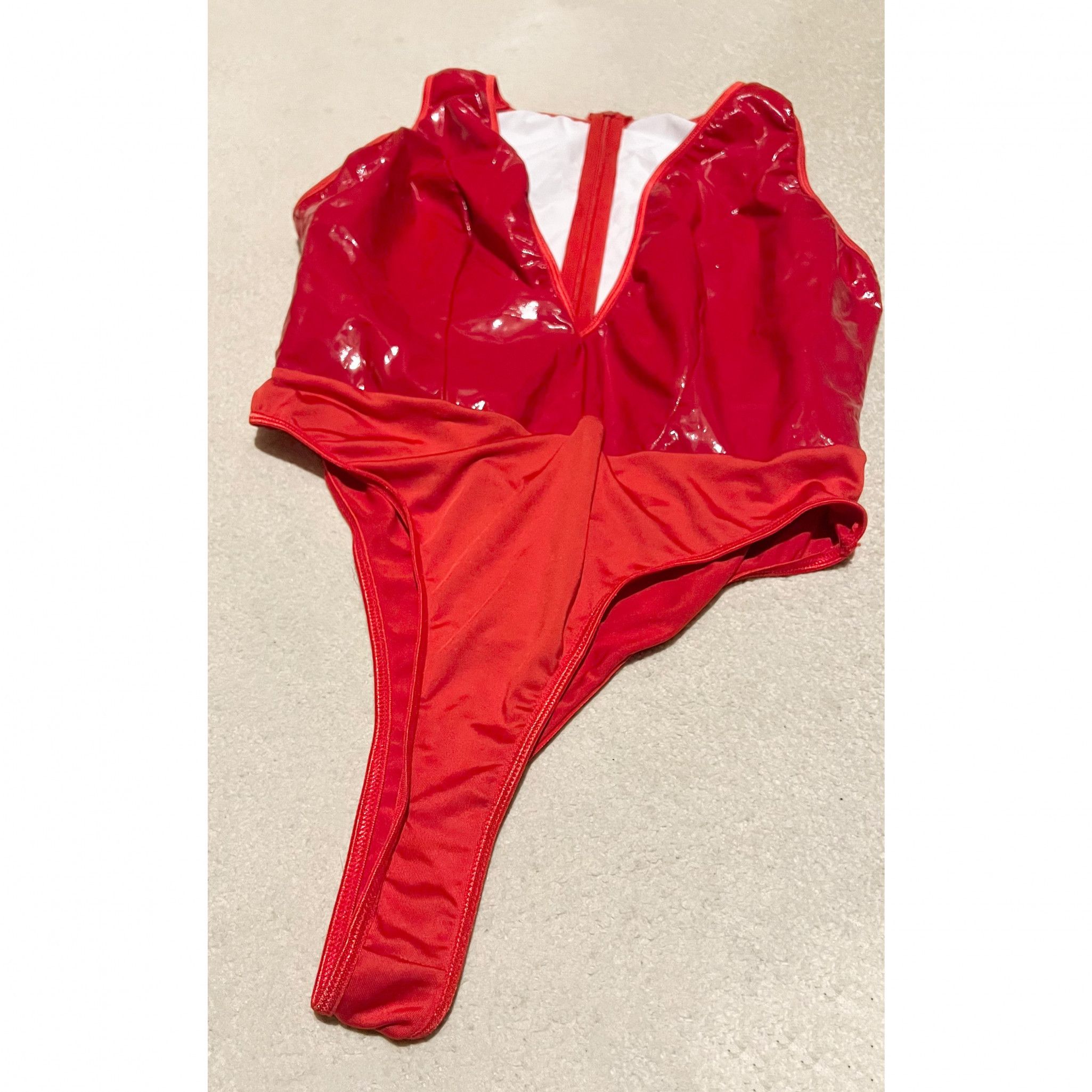 Red Patent Plunge Neck Teddy Bodysuit