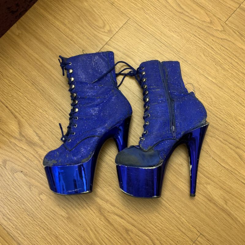 Worn Blue Rhinestone Stripper Boot Heels